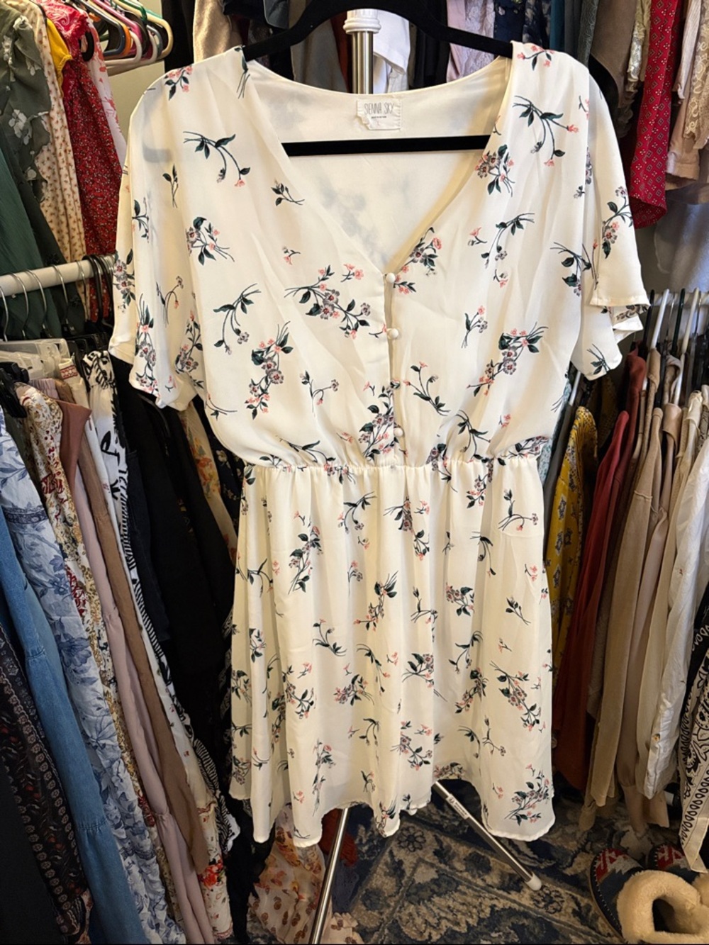 Sienna Sky Cream Floral V-Neck Dress with Pink Bloom
